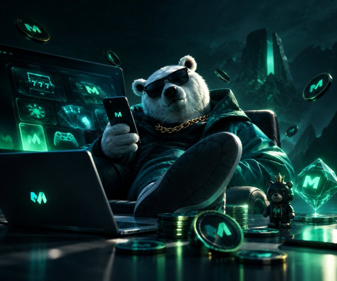 A digital illustration of a white bear wearing sunglasses and a gold chain, lounging with feet on a desk while holding a phone, surrounded by glowing green 'M' cryptocurrency coins and a laptop.