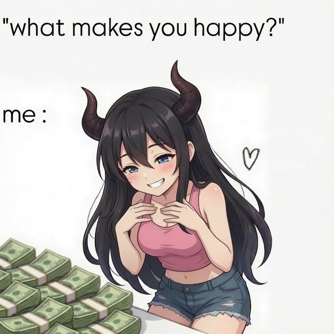 An anime-style meme with the text 'what makes you happy?' at the top and 'me :' on the left, showing a smiling girl with horns excitedly looking at stacks of cash.