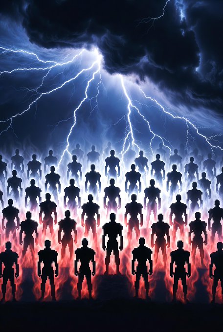 A vast army of silhouetted figures stands beneath a stormy sky crackling with intense blue lightning, rising from a glowing red, fiery landscape.
