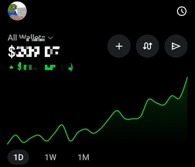 A Robinhood wallet dashboard on a dark background showing an 'All Wallets' balance with a green upward-trending line chart over a 1-day period.