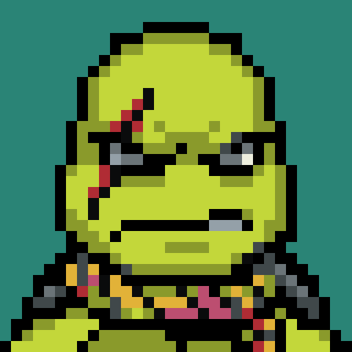 A pixel art illustration of a green goblin-like character with a wound on its forehead holding colorful items against a teal background.