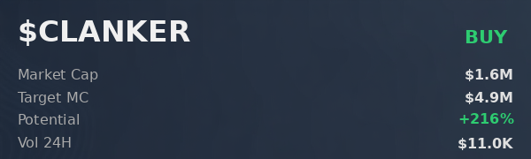 A dark blue crypto information panel displaying '$CLANKER' with a 'BUY' recommendation, Market Cap of $1.6M, Target MC of $4.9M, Potential of +216%, and 24H Volume of $11.0K.