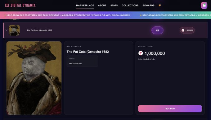 A screenshot of the Digital Dynamix NFT marketplace showing a listing for "The Fat Cats (Genesis) #682" priced at 1,000,000.