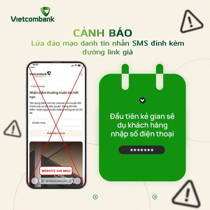 A Vietcombank warning notice in Vietnamese cautions against SMS phishing scams impersonating the bank, showing a crossed-out fake website and a diagram of how scammers trick customers into entering phone numbers.