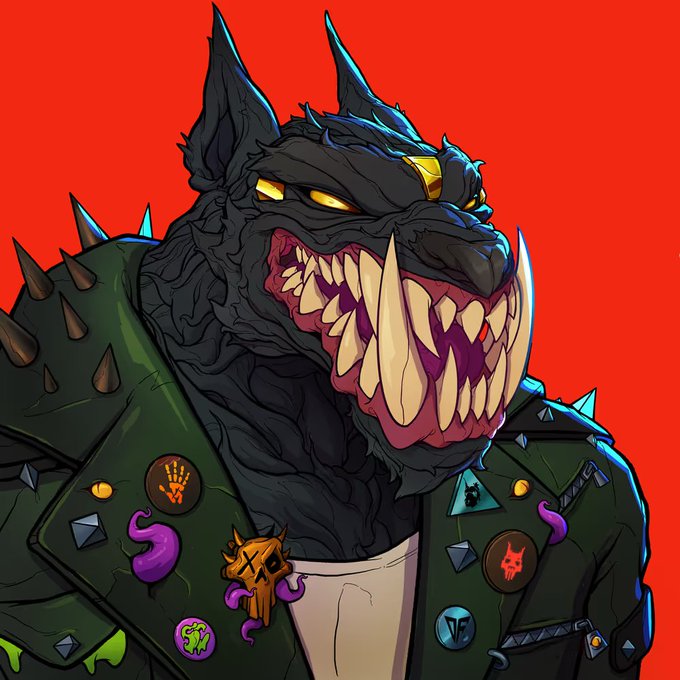 A stylized digital illustration of an anthropomorphic black wolf character with sharp fangs, glowing yellow eyes, and a spiked green leather jacket adorned with various pins, set against a solid red background.