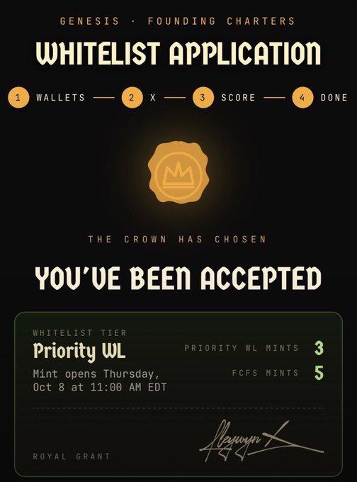 A 'Whitelist Application' confirmation screen stating 'You've Been Accepted' for the 'Genesis - Founding Charters,' granting 'Priority WL' status with 3 priority and 5 FCFS mints opening Thursday, Oct 8.