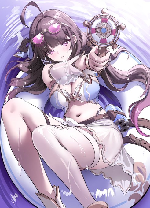 Anime-style illustration of a girl with brown hair and pink sunglasses holding a decorative revolver/gun while floating on a life ring.
