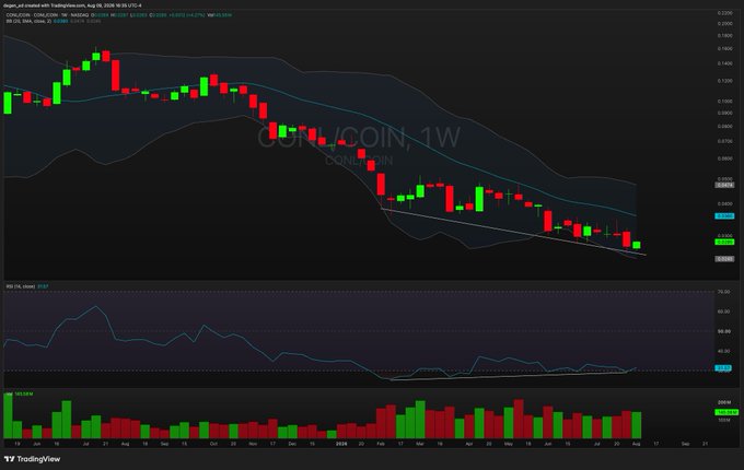A weekly TradingView chart for "COIN/CONL 1W" shows COIN's price declining in a downtrend channel with the RSI indicator (currently at 39.67) forming a bullish divergence against higher lows in price, suggesting potential for an upward reversal toward the $250 resistance level. The accompanying post questions whether this bullish divergence on the $COIN chart signals a turning point for the stock, with humorous "meows" indicating optimism.