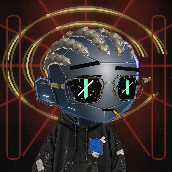 A digital illustration of a futuristic character with a metallic blue robotic head, starry sunglasses, and braided hair smoking a cigarette, set against a red background with gold geometric designs.