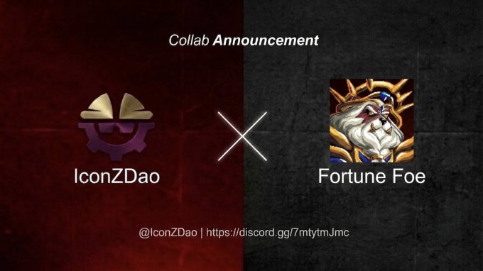 A collaboration announcement graphic shows the 'IconZDao' logo next to a 'Fortune Foe' character portrait, including the handle '@IconZDao' and a Discord link.