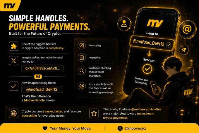 A promotional graphic for 'mv' (Moove) with the tagline 'SIMPLE HANDLES. POWERFUL PAYMENTS,' showing an example of sending crypto to @mdfuad_DeFi12.