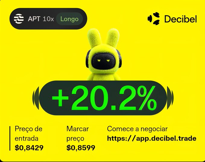 A cryptocurrency trading graphic for Decibel showing token APT with a +20.2% gain, an entry price of $0.8429, and a target price of $0.8599, directing to https://app.decibel.trade.