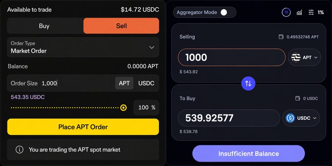Cryptocurrency trading interface showing a sell order for 1,000 APT tokens priced at $543.35, with an aggregator mode displaying $539.92577 in USDC and an 'Insufficient Balance' warning.