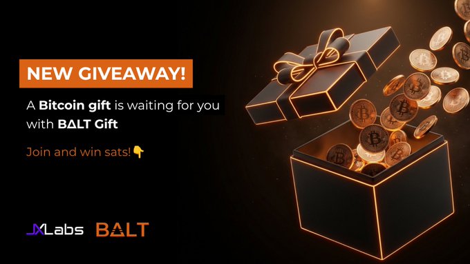 A promotional advertisement with an orange and black color scheme announcing a 'NEW GIVEAWAY!' where a Bitcoin gift awaits through BALT Gift, featuring an illustration of an open treasure box overflowing with Bitcoin coins, with MLabs and BALT logos at the bottom.