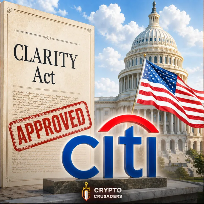A graphic shows the "CLARITY Act" document stamped "APPROVED" alongside the U.S. Capitol and American flag, with the Citi bank logo prominently displayed, illustrating Citi's public call for the U.S. Senate to pass crypto regulatory legislation for digital assets like XRP.