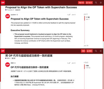 Screenshots from the Optimism governance forum showing proposals to 'Align the OP Token with Superchain Success,' presented in both English and Chinese.