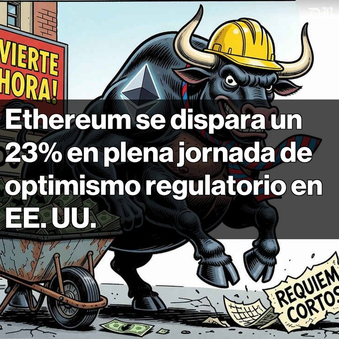 A cartoon illustration of a bullish bull wearing a yellow hard hat and an Ethereum logo, with Spanish text overlay reading 'Ethereum se dispara un 23% en plena jornada de optimismo regulatorio en EE. UU.'