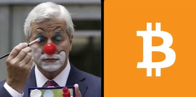 A split image showing a man in business attire applying clown makeup to his face on the left, and a large white Bitcoin (₿) symbol on an orange background on the right.
