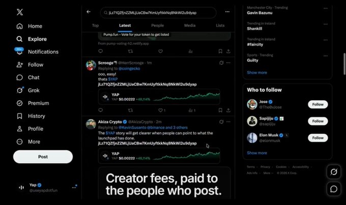 A screenshot of the X (formerly Twitter) app interface shows posts about crypto tokens including YAP and 'Scrooge,' with a banner at the bottom reading 'Creator fees, paid to the people who post.'