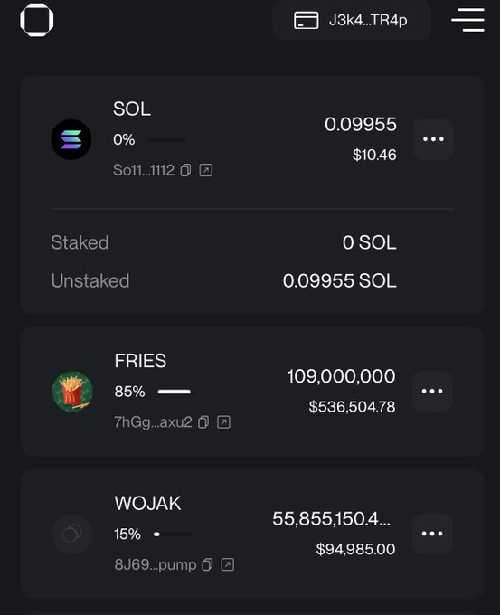 A crypto portfolio screenshot displays holdings including 0.09955 SOL ($10.46), 109,000,000 FRIES tokens ($536,504.78), and 55,855,150.4 WOJAK ($94,985.00), with FRIES showing an 85% gain. The image illustrates the user's massive FRIES token position that prompted the question about what to do with such a substantial supply.