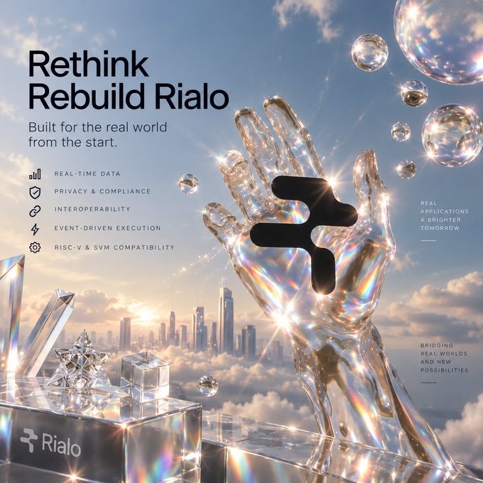 A promotional graphic for 'Rethink Rebuild Rialo' featuring a transparent glass hand reaching upward, with text listing features: REAL-TIME DATA, PRIVACY & COMPLIANCE, INTEROPERABILITY, EVENT-DRIVEN EXECUTION, and RISC-V & SVM COMPATIBILITY, along with the tagline 'REAL APPLICATIONS A BRIGHTER TOMORROW' and 'BRIDGING REAL WORLDS AND NEW POSSIBILITIES'.