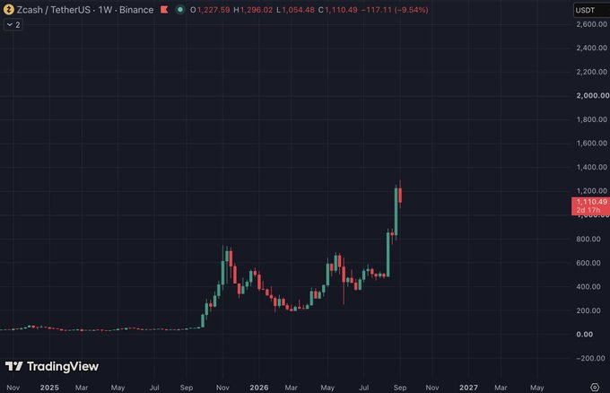 The image is a weekly Zcash (ZEC/USDT) candlestick chart on Binance showing ZEC's price rising from near-zero throughout 2025 to a peak above $1,200 before pulling back to $1,110.49, a 9.54% decline, illustrating the post's point that this relatively modest pullback is normal within a larger uptrend toward a projected $10,000 target.