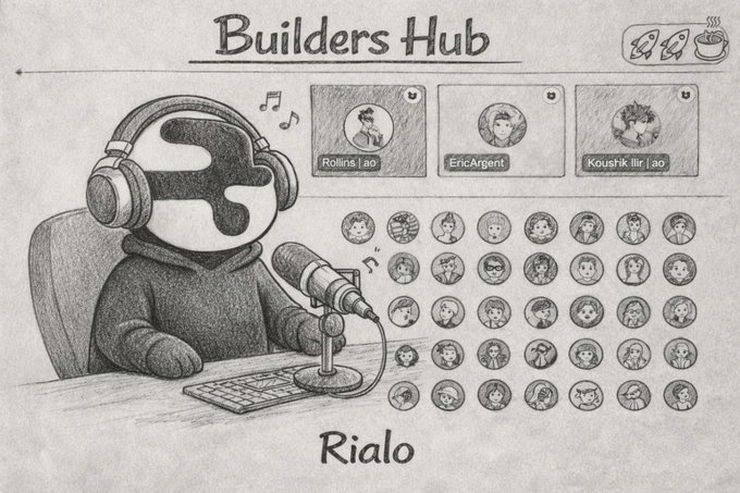 A pencil-style sketch titled 'Builders Hub' featuring a hooded figure with headphones at a microphone labeled 'Rialo,' alongside avatar icons for Rollins Lao, Eric Anjer, and Koushik Illur Lao.