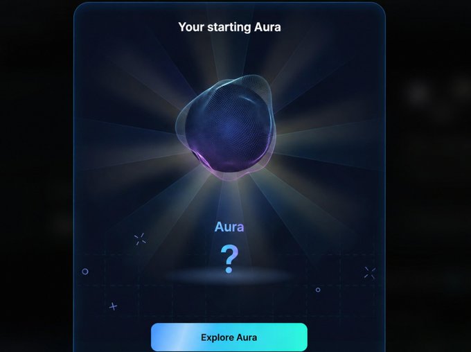 A digital interface titled 'Your starting Aura' showing a dark, glowing orb-like shape above a question mark and an 'Explore Aura' button.