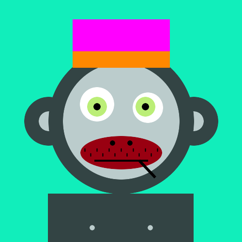 A simple cartoon illustration of a gray monkey-like character with green eyes, red lips, a lit cigarette, and a pink and orange hat against a teal background.