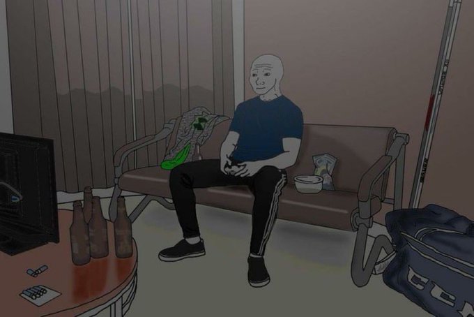 A digital drawing portrays a person sitting on a brown sofa in a dimly lit room, holding a controller with bottles and a snack bag nearby.