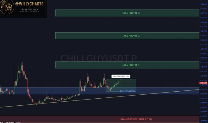 A trading chart labeled 'CHILLGUYUSDT.P' by @WILLYCHARTS showing entry zones, take profit levels, and invalidation (stop loss) markers.