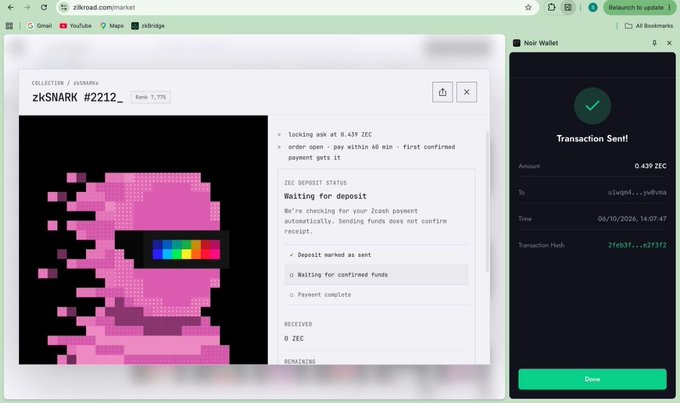A screenshot from zklsnark.market showing a pink pixelated NFT, purchase details for ZEC, and a Noir Wallet 'Transaction Sent!' confirmation.