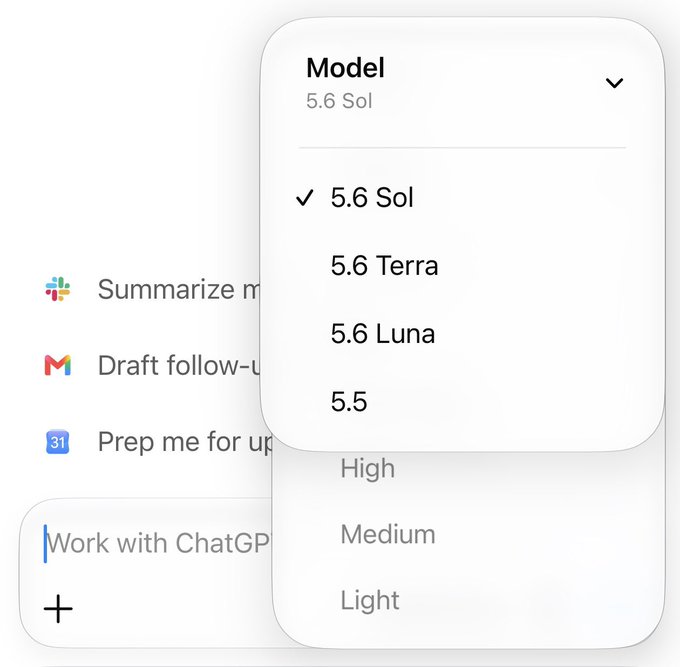 A dropdown menu on what appears to be the ChatGPT interface shows model selection options including "5.6 Sol," "5.6 Terra," "5.6 Luna," and "5.5," with 5.6 Sol currently selected. The image illustrates the post's critique of confusing AI model names, highlighting how cryptic terminology like "Sol," "Terra," and "Luna" makes it difficult for average users to understand the differences between models.
