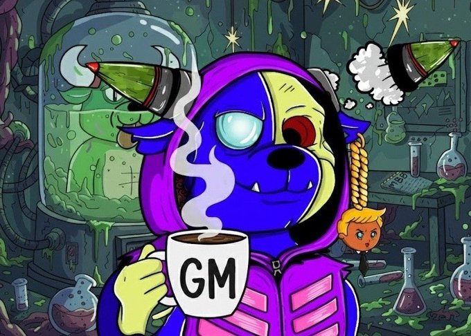 A cartoon blue dog character in a purple hoodie holds a steaming mug labeled "GM" in a lab setting, with green liquid and a creature in a tank behind it, while floating martini glasses appear nearby.