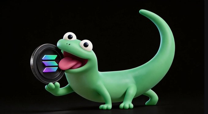A 3D-rendered green cartoon gecko with its tongue playfully extended toward a black coin displaying the Solana logo, tying into the "$GLOB on SOL" branding where the playful mascot represents the coin's symbol and tongue-licking dip-buying persona.