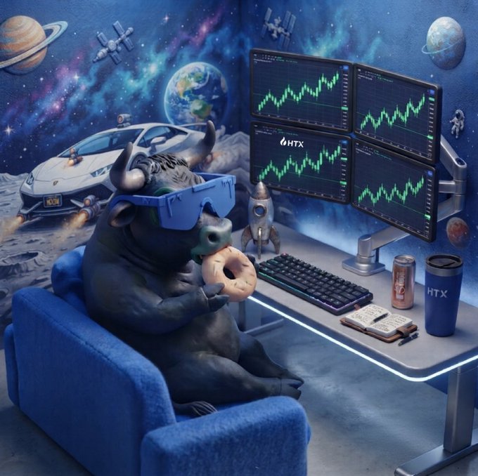 A bull wearing VR goggles and eating a donut sits relaxed in a chair at a four-monitor trading desk displaying HTX-branded green candlestick charts, with a space-themed background featuring Earth, Saturn, astronauts, and a futuristic flying car. The image playfully captures the post's "focused or recharging" sentiment, depicting the bull persona simultaneously locked into crypto analysis and enjoying a casual break.