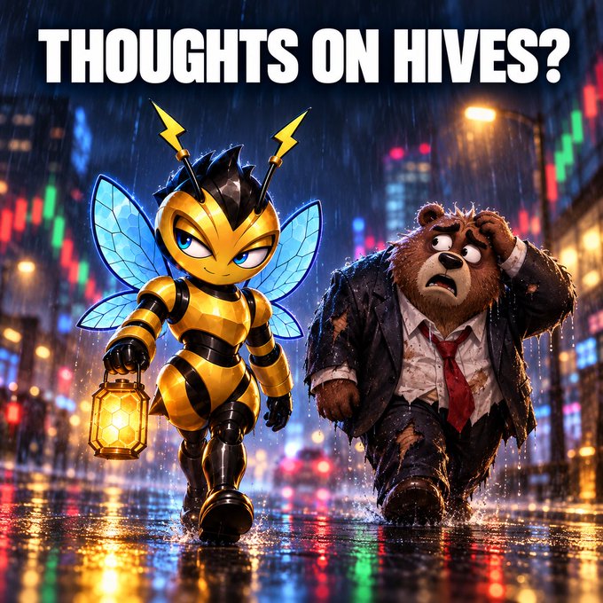 A meme-style image titled 'THOUGHTS ON HIVES?' showing a wasp-like character with a lantern walking alongside a distressed bear in a suit on a rainy city street.