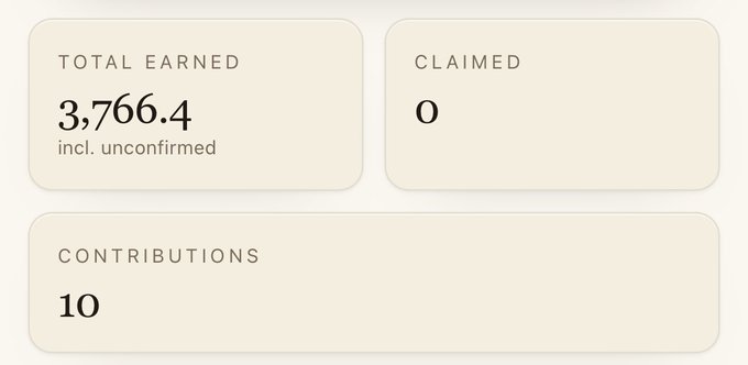 A dashboard showing 'TOTAL EARNED 3,766.4 incl. unconfirmed', 'CLAIMED 0', and 'CONTRIBUTIONS 10'.