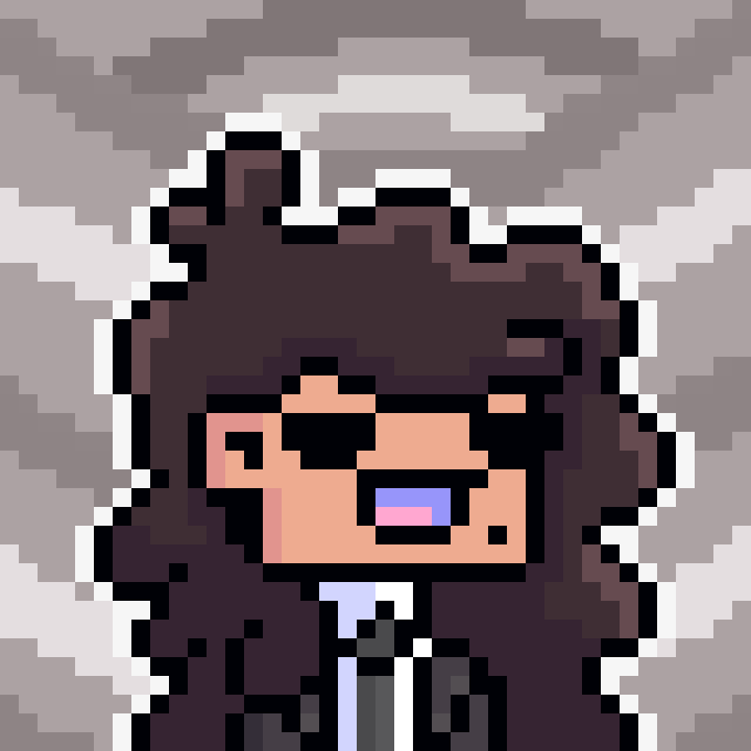A pixel art portrait of a dark-skinned character with a large afro, a white outline, and a wide open mouth showing a purple interior, set against a gray background.