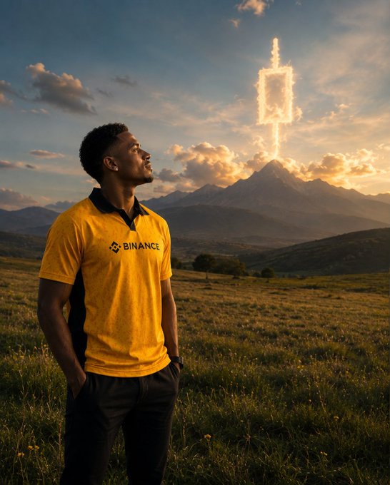 A man wearing a yellow "BINANCE" branded polo shirt stands in a field looking up at a glowing rocket ship-shaped beam of light ascending into the sky above mountains.