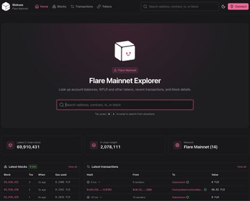 A screenshot of a website titled 'Flare Mainnet Explorer' displays statistics including 'Latest block: 68,910,431' and 'Latest transactions: 2,078,111'.