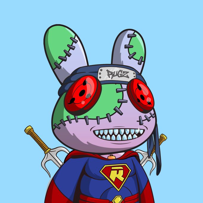 Cartoon-style illustration of a patchwork rabbit-like character with green and purple stitched features, wearing a ninja headband marked 'BUGZ', red headphones, and a Superman-style costume with swords on its back.