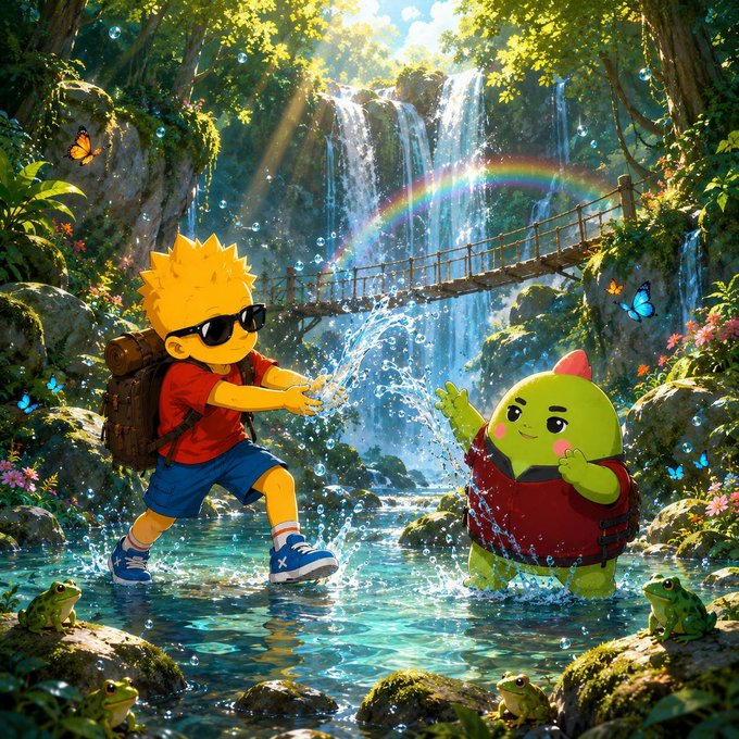 A vibrant digital artwork of a yellow character wearing sunglasses and a red shirt splashing water with a green character in red overalls, set in a magical forest with a waterfall, rainbow, and butterflies.