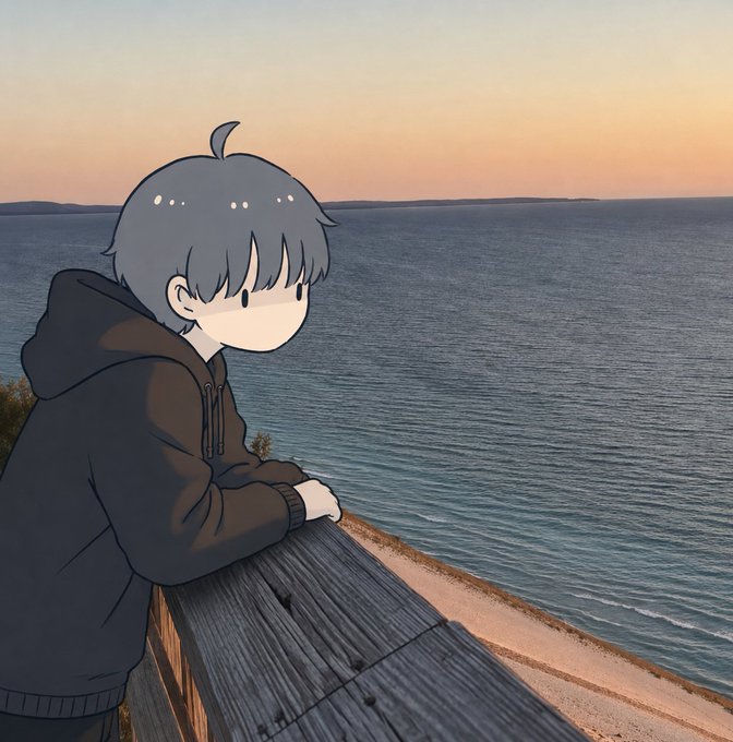 An anime-style illustration shows a young boy with gray hair wearing a black hoodie, leaning on a wooden railing and gazing out at a calm ocean during sunset.