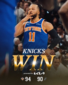 The image shows a New York Knicks player wearing jersey number 11 celebrating on the court, with text overlay reading "KNICKS WIN" and "presented by KIA," along with a final score of 94-90, indicating a Knicks victory.