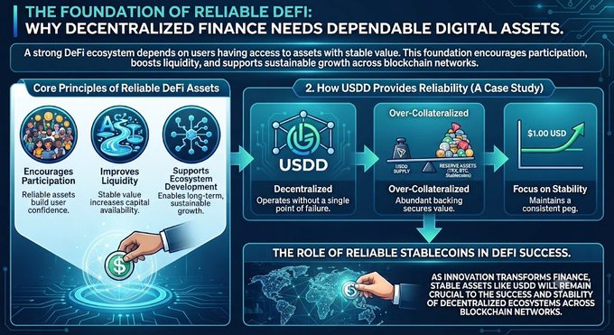 Infographic titled 'The Foundation of Reliable DeFi: Why Decentralized Finance Needs Dependable Digital Assets,' explaining core principles and how USDD provides reliability through decentralization, over-collateralization, and price stability.