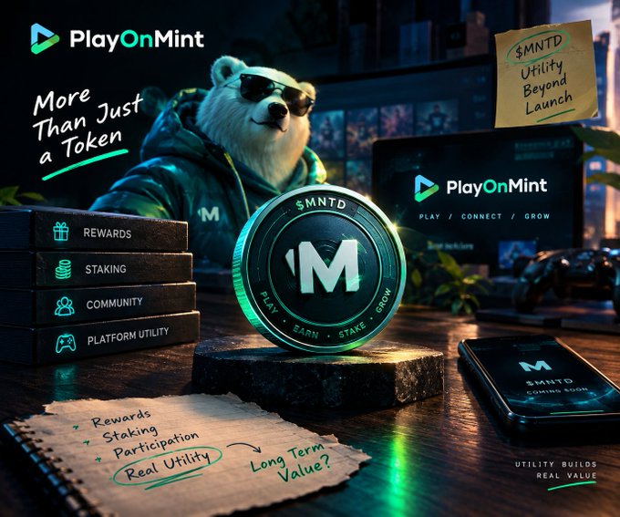 A promotional graphic for 'PlayOnMint' featuring a bear mascot in sunglasses, showcasing the '$MNTD' token with features like 'Rewards, Staking, Community, Platform Utility' and the tagline 'More Than Just a Token.'