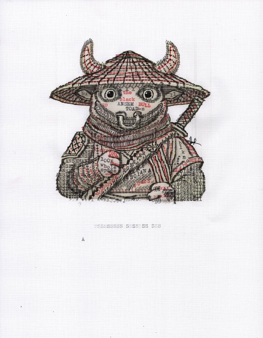 An intricate cross-stitch artwork depicts a horned figure in a wide-brimmed hat, with legible text including "The Black ANSEM BULL TOAD-3," "100% WHO SPACE," "SOLANA," "LOOPS," and "3.5" stitched into the design. Below the embroidery is printed text reading "SCSCSCSCSC SSCS*SS SCB" and the letter "A." The piece is presented as a custom museum-quality framed artwork currently bid at 16 SOL, blending the Web3/Solana meme aesthetic with traditional craft.