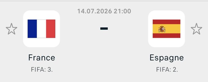 A duplicate of the sports match fixture showing France (FIFA: 3) vs Espagne (FIFA: 2) scheduled for 14.07.2026 at 21:00.