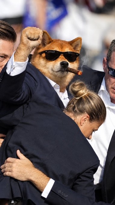 An AI-edited photo showing a Shiba Inu dog wearing sunglasses and smoking a cigar while being held in the air by a crowd of men in suits.